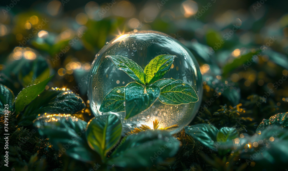 Green leaves in soap bubble Green leaves in soap bubble