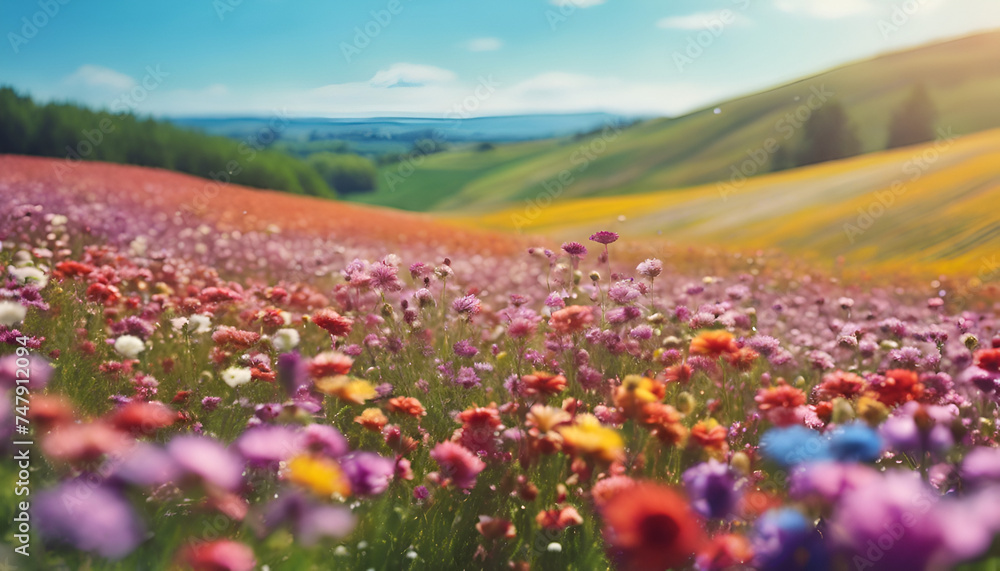 a field of bright multi-coloured wildflowers on a sunny summer's day 