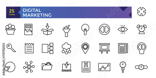 Digital Marketing web icons in line style. Social, networks, feedback, communication, marketing, ecommerce.