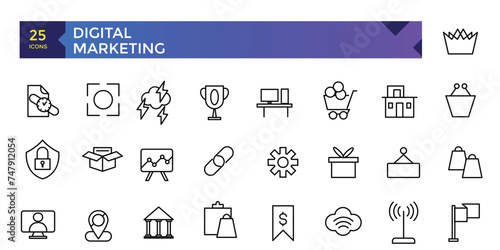 Digital Marketing web icons in line style. Social, networks, feedback, communication, marketing, ecommerce.