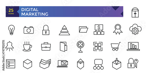 Digital Marketing web icons in line style. Social, networks, feedback, communication, marketing, ecommerce.