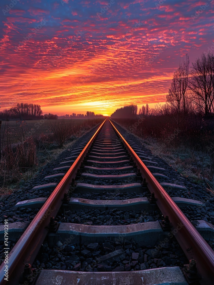 Fototapeta premium A tranquil evening scene with a warm golden glow over the railroad tracks