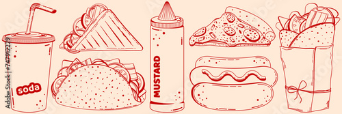Fast food set in retro linear style without fill, monochrome. Vector illustration hand drawn.
