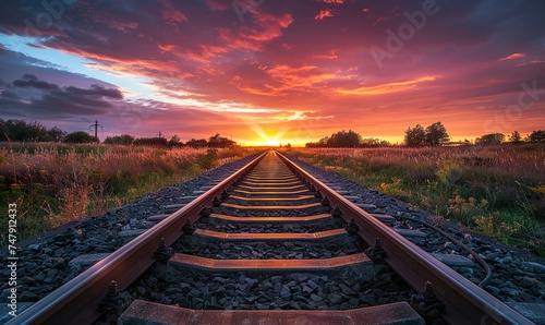 A tranquil evening scene with a warm golden glow over the railroad tracks