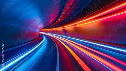 Vibrant long exposure shot of blue and red light trails swirling through a curved tunnel, creating an abstract scene.