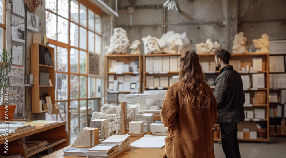 Fototapeta premium Young couple is standing in furniture store and looking at the shelves with white furniture.