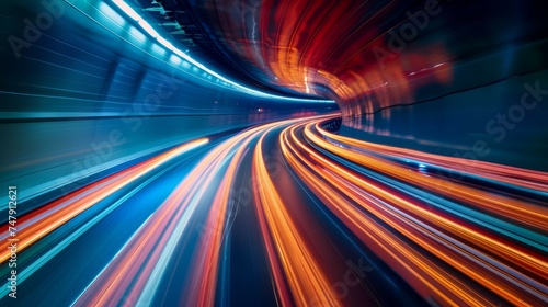 Dynamic light trails captured in a tunnel, creating a sense of high speed and movement.
