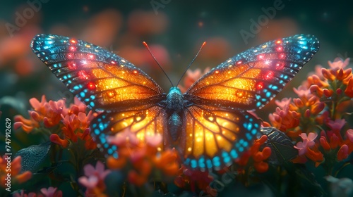 butterfly in mid-flight, with wings kaleidoscope of colors