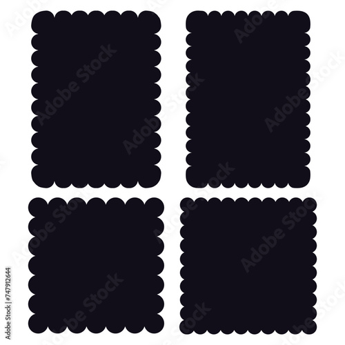 Scalloped edge border silhouette shapes, wavy borders isolated on white background. Scallop stamp, rectangle frame. 