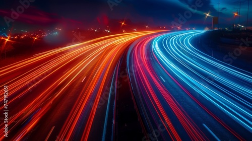 Time-lapse photography capturing the bustling movement of traffic at night on a highway.