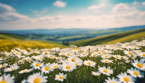 A sunny day illuminates a field of daisies, their white petals gleaming amidst the golden light