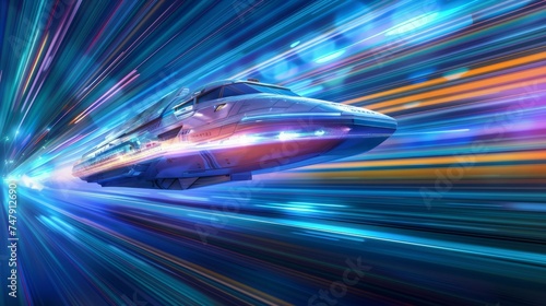 Concept art of a futuristic spaceship traveling at light speed with vibrant streaks of light.