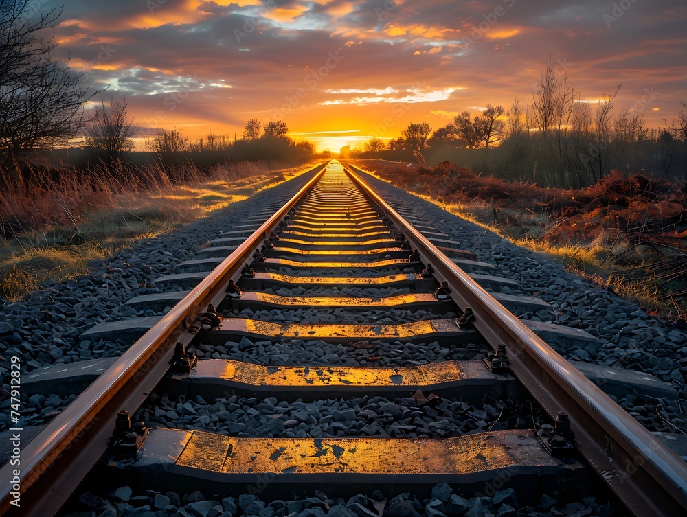 Fototapeta premium A tranquil evening scene with a warm golden glow over the railroad tracks