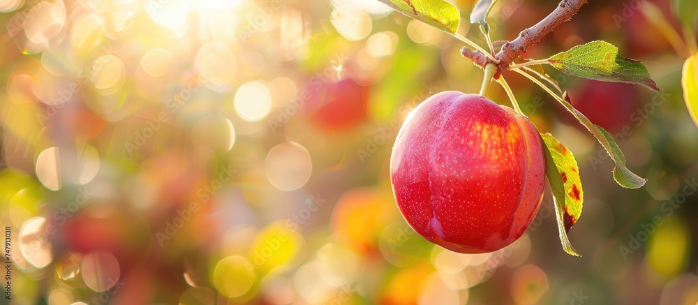 A detailed view of a crimson apple hanging on a tree in an organic plum orchard. The apple is ready for harvest in the autumn countryside setting, showcasing the beauty of a nourishing plant-based A detailed view of a crimson apple hanging on a tree in an organic plum orchard. The apple is ready for harvest in the autumn countryside setting, showcasing the beauty of a nourishing plant-based