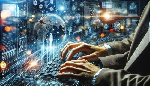 Navigating the Digital Age: Businessman interacts with a futuristic holographic interface, symbolizing big data analytics, global connectivity, and technological advancement