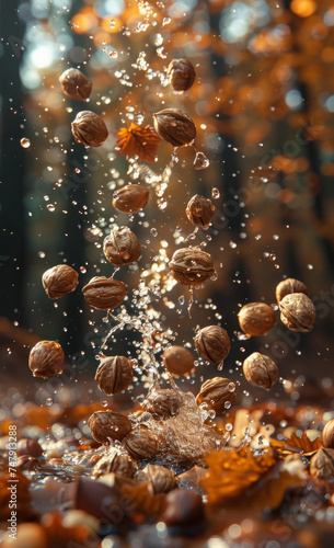 Walnuts are falling into the water with splash on autumn background in the forest.