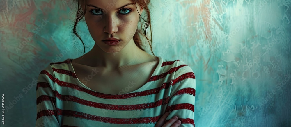 A painting depicting a woman with a cunning expression wearing a striped shirt, suggesting she is plotting a crime with malicious intent. - obrazy, fototapety, plakaty 
