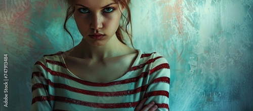 A painting depicting a woman with a cunning expression wearing a striped shirt, suggesting she is plotting a crime with malicious intent.