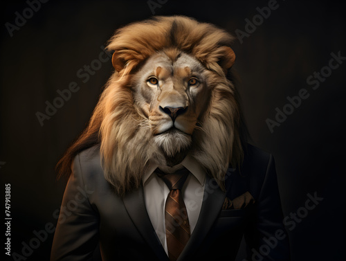 Portrait of lion head man wearing suit, vintage style