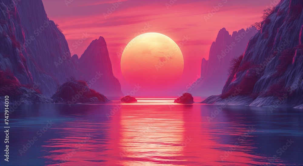 Pink clouds with glowing circle sunset background - obrazy, fototapety, plakaty 