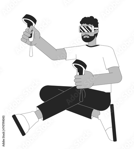 Black guy VR gamer black and white 2D line cartoon character. African american man with vr glasses and controllers isolated vector outline person. Video games monochromatic flat spot illustration