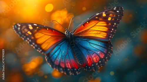 butterfly in mid-flight, with wings kaleidoscope of colors