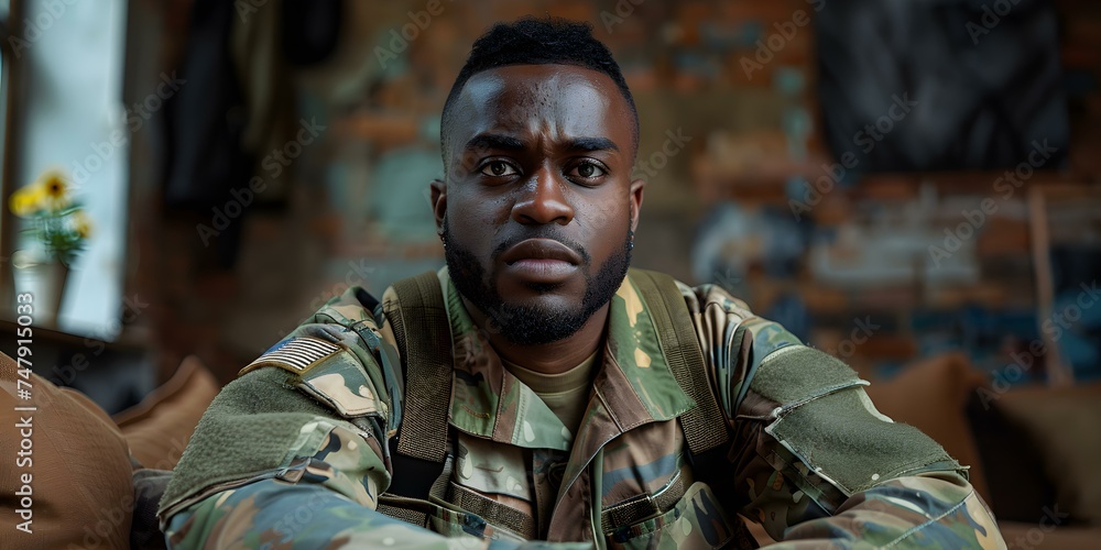 African American soldier feeling stressed at home with room for text. Concept Military Personnel, Stress, Home Life, African American, Copyspace African American soldier feeling stressed at home with room for text. Concept Military Personnel, Stress, Home Life, African American, Copyspace