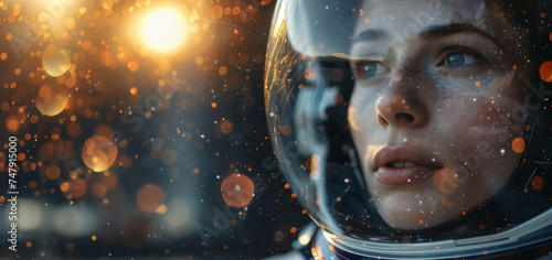 Female astronaut in a space helmet against bokeh background. Space exploration concept. Banner with cipy space for Cosmonautics Day event.  © NeuroCake