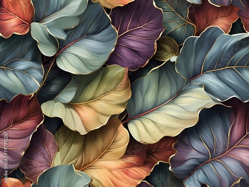 Background with a luxurious pattern of large multicolored leaves with clear lines. seamless pattern © Эля Эля