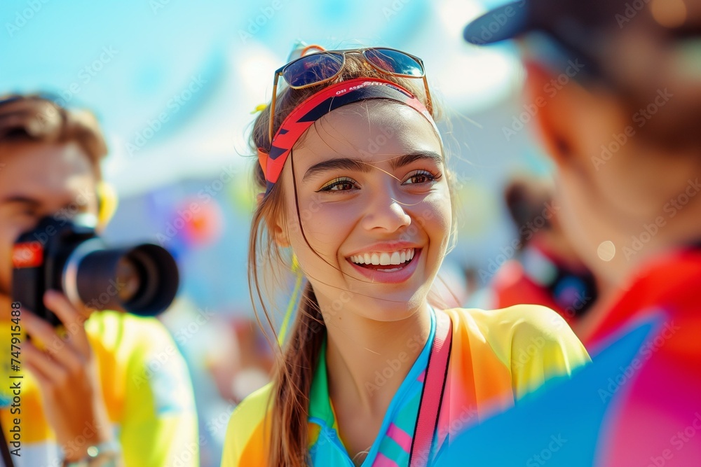 A young smiling happy female athlete communicates with journalists and gives interviews A young smiling happy female athlete communicates with journalists and gives interviews