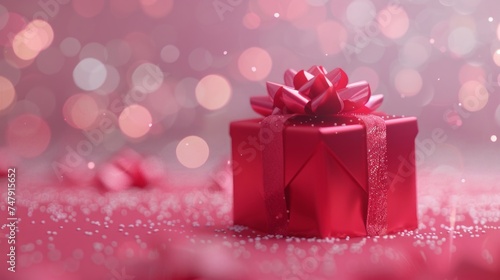 Red gift box with a bow, glimmering against a sparkling pink bokeh background.