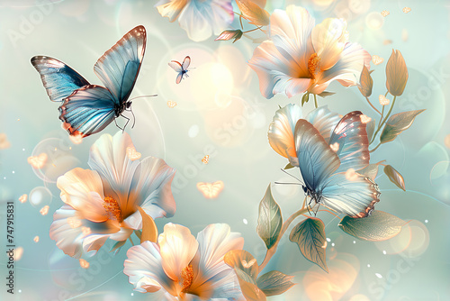 Seamless repeat and fully tile-able background pattern of butterflies flowers and blossom © robert