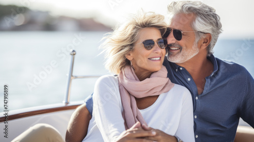 Smiling caucasian middle age couple enjoying leisure sailboat ride in summer