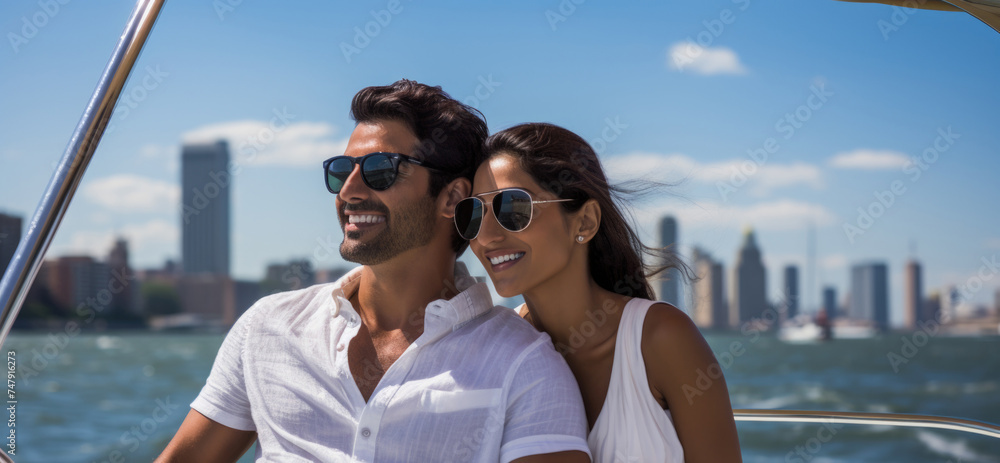 Smiling young indian american couple enjoying sailboat ride in summer
