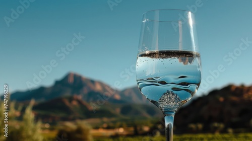 A glass of water set against a mountain landscape, reflecting the purity of nature and the environment.