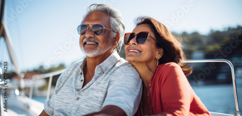 Smiling mature indian american couple enjoying sailboat ride in summer © dvoevnore