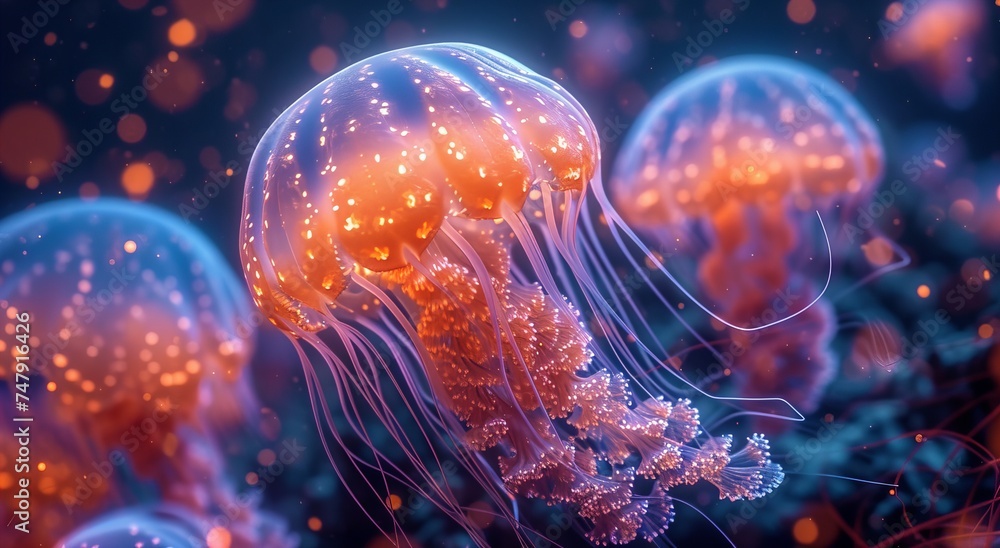 Vibrant aquatic sea jelly with glowing tentacles ocean background Vibrant aquatic sea jelly with glowing tentacles ocean background