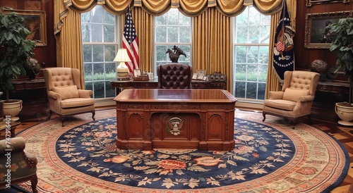 USA Presidential desk in Oval Office with flag