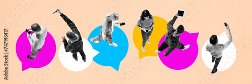 Online virtual communication. Top view image of young people using gadgets for talking, texting. Contemporary art collage. Concept of social media, influence, online business, communication