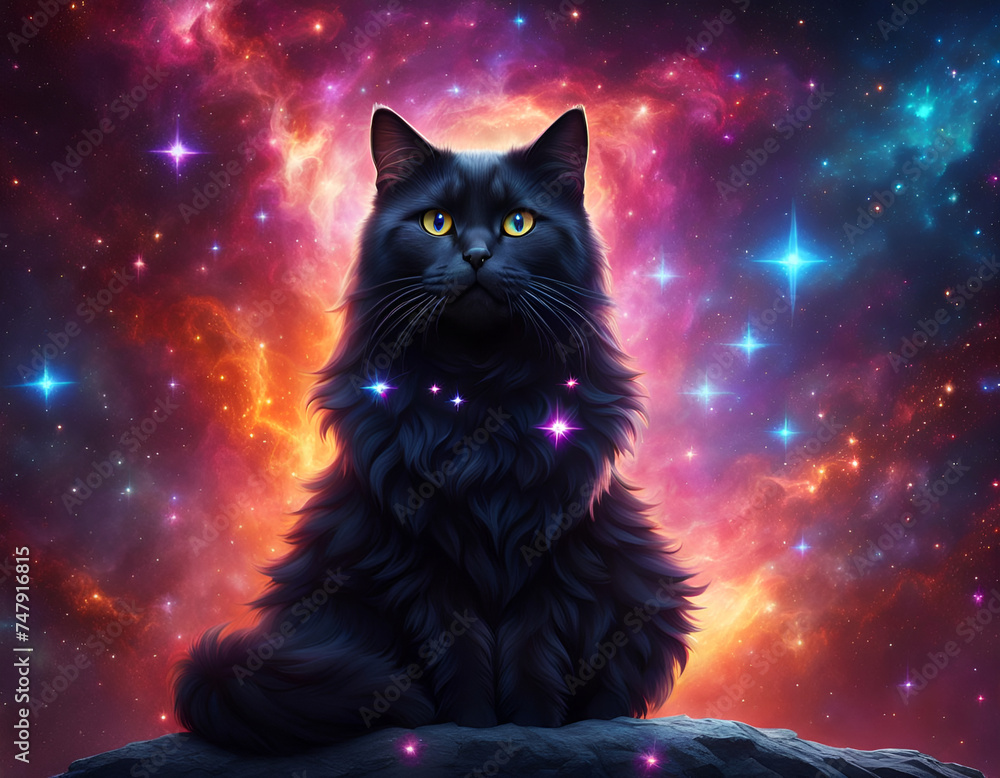A sorcerer black cat in a mysterious celestial background. Amazing digital illustration. CG Artwork Background A sorcerer black cat in a mysterious celestial background. Amazing digital illustration. CG Artwork Background
