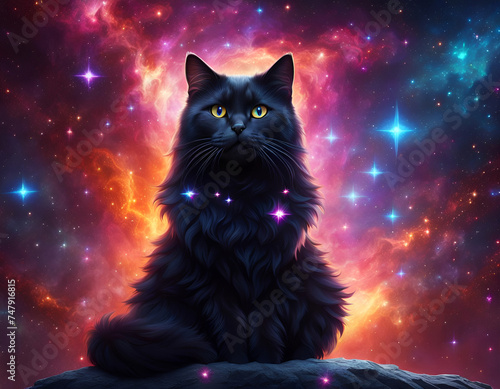 A sorcerer black cat in a mysterious celestial background. Amazing digital illustration. CG Artwork Background