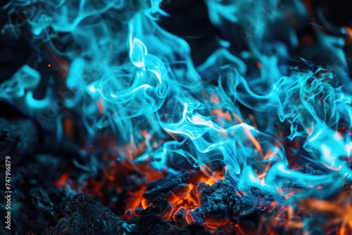 Abstract Blue Fire on Black Background - Fiery Concept with Bright Flames
