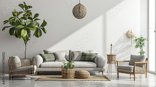 Neutral Contemporary Living Room with Cozy Armchairs, Wooden Furniture, and Greenery in Scandinavian Style Home Interior