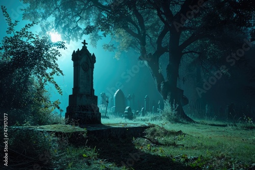 Haunted Memories: An Eerie Gravestone at an Abandoned Cemetery Leaned in the Misty Moonlight