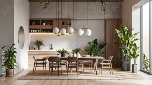 Scandinavian Dining Room: Modern, Comfortable, and Cozy Interior Design with Stylish Cupboard © AIGen
