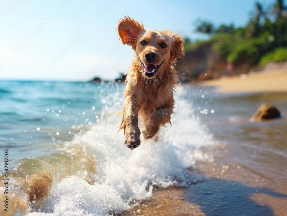 Joyful Dog Playing on Tropical Beach - Summer Vacation Concept