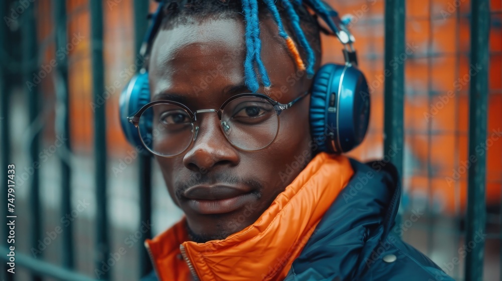 Stylish man with blue dreads and headphones behind fence in casual wear