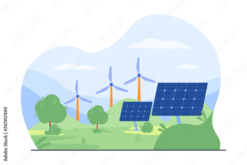 Naklejka premium Wind tribunes and solar panels outdoors vector illustration. Landscape of eco-friendly district. Renewable energy and environment concept