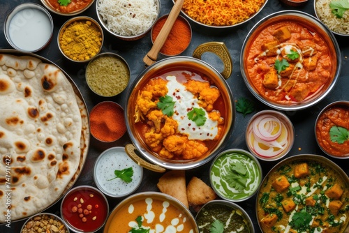Variety of Indian Foods in Small Bowls - Curry, Rice, and More