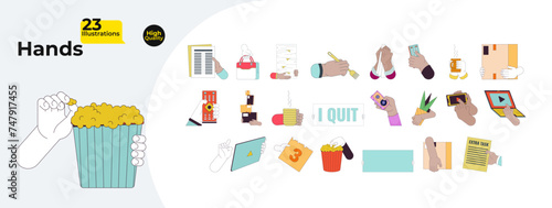 Everyday life linear cartoon hands illustration bundle. Multicultural people outline 2D vector images collection, white background. Hobbies, relaxation, entertainment editable flat color clipart set
